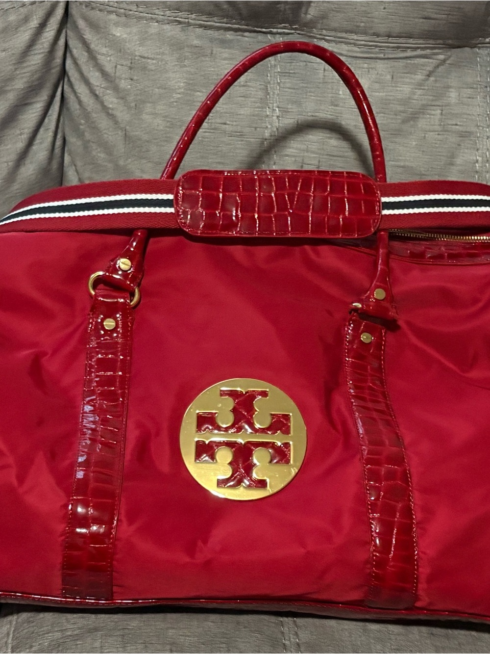 Tory Burch Red Nylon Travel Tote with Gold Logo Medallion